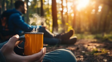 Morning ritual brewing coffee in the woods, simple outdoor setup, hiker sitting nearby with peaceful expression