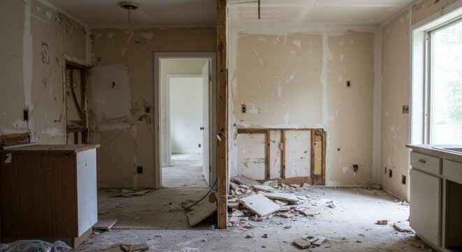 Demolished kitchen interior reveals structural framework during renovation.