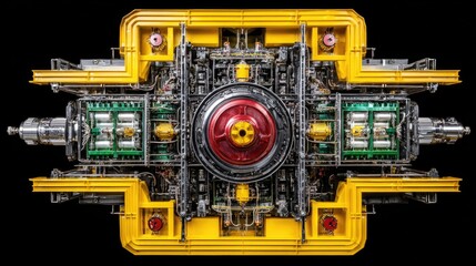 Fototapeta premium Detailed View of Industrial Engine with Yellow Accents and Complex Mechanical Components for Technological Design