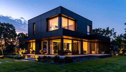 Obraz premium Modern Black House at Dusk: Architectural Marvel
