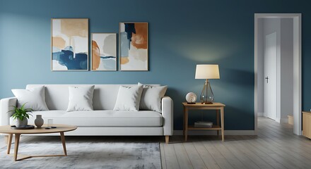 Fototapeta premium Modern living room in serene blue tones with a cozy white sofa - Elegant Modern Architecture