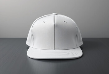 Fototapeta premium A Blank White Baseball Cap Rests On A Table With A Light Gray Background