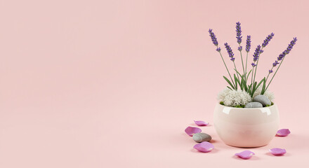 Obraz premium Lavender flower arrangement in pot on pink background floral home decor design