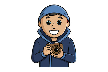 Smiling cartoon photographer wearing a blue hooded jacket and beanie holding a vintage camera ready to capture moments
