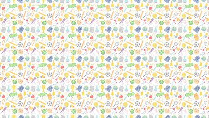 A repeated pattern of school supplies and science equipment on a white background in soft colors