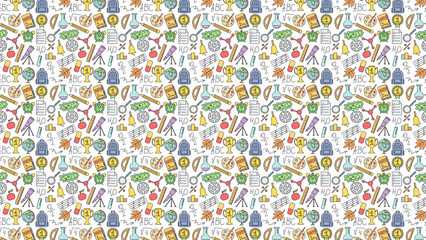 Seamless pattern featuring school and learning themed icons on a white background design element