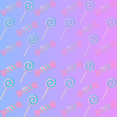 A sweet vector pattern of pastel lollipops and candies on a dreamy pink and blue gradient background.