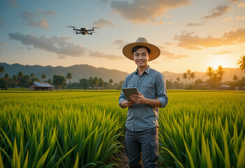Farmer Using Technology in Agricultural Field at Sunrise