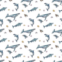 Watercolor postcard for World Ocean Day on textured paper background. Cute inhabitants of the underwater world turtle, jellyfish.