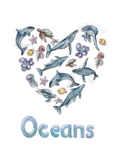 Watercolor postcard International Day of Oceans, Whales and Fish4