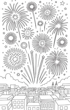 Urban City Skyline with Fireworks Festive Black and White Vector Art for Celebrations and Coloring Books, City Fireworks Celebration, Skyline Night Fireworks, New Year Fireworks, Happy New Year
