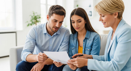 Three people, a man, a woman, and an older woman, are seated together, reviewing a document. They are attentively examining paperwork, indicating a serious discussion or consultation.