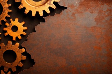 Golden Gears on Rusty Canvas: a captivating display of interconnected gears rendered in warm, inviting hues, evoking the industrial essence, set against a richly textured, rusted metal backdrop.