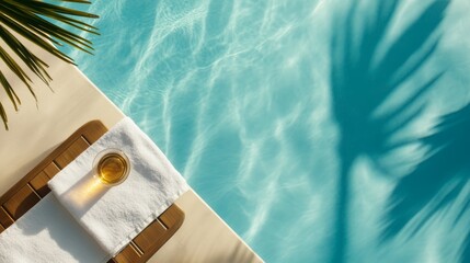 sunbathing by poolside in chic resort, palm shadows on towel, relaxed vacation mood