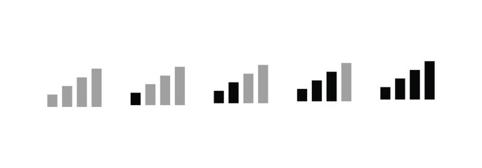 Five horizontal signal strength icons four bars each showing increasing black fill against gray
