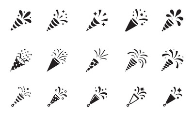 A collection of 12 vector icons depicting party poppers in various designs, with confetti and streamers exploding outward.