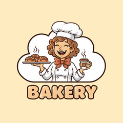 Happy female baker presenting delicious pastries and coffee.