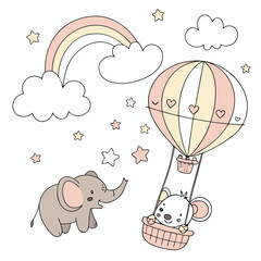 Cute Elephant Holding Balloons with Baby Animal Friends in Vector Illustration