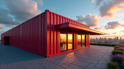 Fototapeta premium Modern red shipping container house with sunset view in urban setting 
