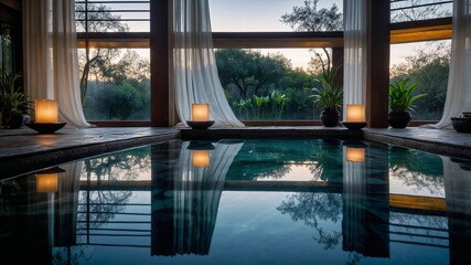 Person meditating beside a tranquil pool in a peaceful spa setting surrounded by calming elements and natural ambiance for relaxation and healing