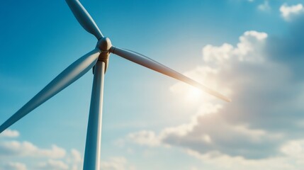 Fototapeta premium Wind turbine blade close-up with clean energy symbols and blue sky