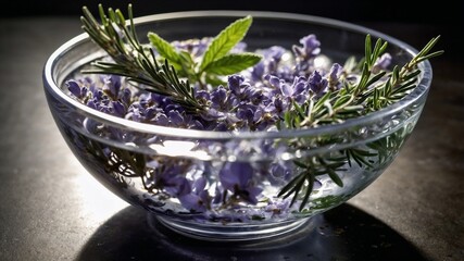 Bowl with water and herbs for spa relaxation featuring soothing elements and natural ambiance in a serene wellness environment