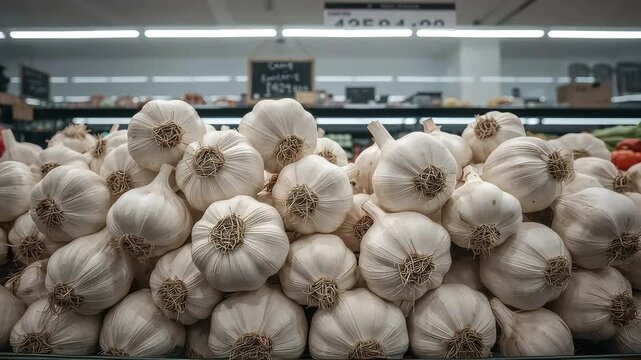 A large pile of fresh white garlic bulbs on display for sale in the produce aisle of a supermarket.