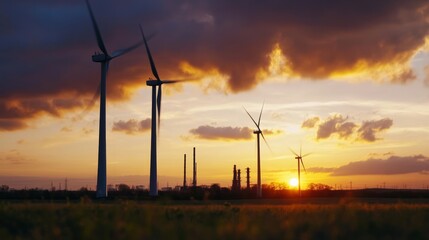 Obraz premium Wind turbines reducing carbon footprint in industrial region