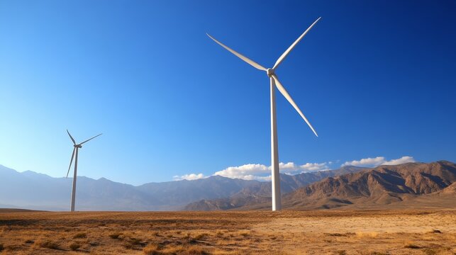 Wind turbines operating in desert region, clean energy in harsh environment