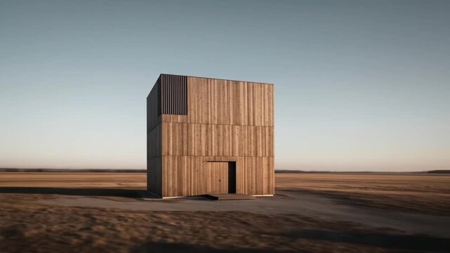 Timber facade architecture of minimalist cube-shaped wooden cabin in open landscape setting