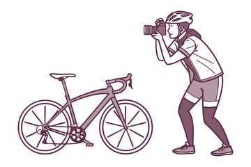 Cyclist photographer capturing action shots of a modern road bicycle with a professional camera and equipment