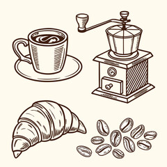 Coffee grinder with fresh coffee beans and hot drink illustration