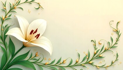 Elegant White Lily and Gold Vine Border on a Soft Cream Background