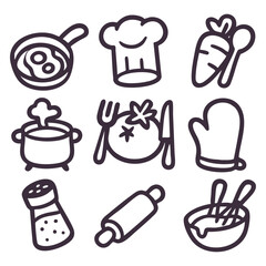 Illustration Icon Set of Various Cooking Elements Including Chef Hat, Utensils, and Fresh Ingredients in a Playful Style.  Vector Illustration