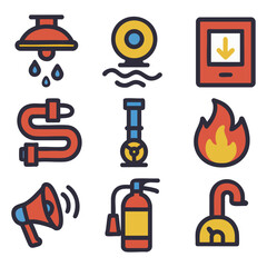 Collection of Safety and Emergency Icons Set Including Fire, Water, and Alarm Symbols for Systematic Emergency Management and Risk Prevention.  Vector Illustration