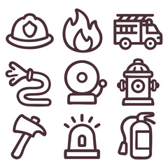 Firefighting Equipment Icons Set Representing Safety and Emergency Response Gear in Simple Line Art Design.  Vector Illustration