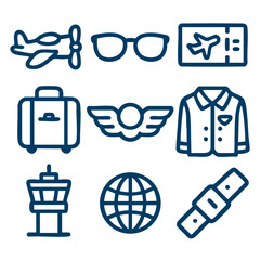 Air Travel Essentials Including Airplane, Sunglasses, Luggage, Ticket and Uniform Iconography for Modern Adventure. Vector Illustration Icon Set