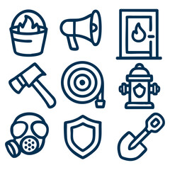 Collection of Fire Safety Equipment and Icons Including Bucket, Axe, Fire Alarm, and Gas Mask on Simple Background. Vector Illustration Icon Set