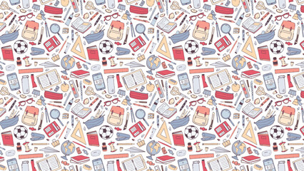 Seamless pattern with school supplies and stationery on a white background illustration