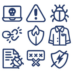 Icon Set Representing Cybersecurity Threats Including Malware, Warnings, Alerts, and Protecting Systems from Digital Attacks. Vector Illustration