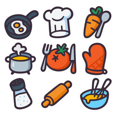 Colorful Kitchen Utensils and Ingredients Illustrating Cooking Activities and Culinary Preparation. Vector Illustration Icon Set