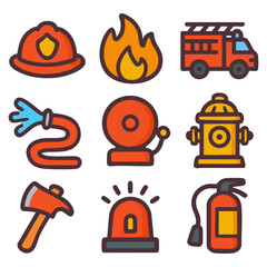 Collection of Fire Safety Icons Including Firefighter Gear, Equipment, and Symbols for Emergency Preparedness and Response. Vector Illustration Icon Set