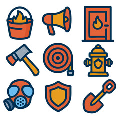 Fire Safety Equipment and Emergency Response Icons Set Representing Preparedness and Hazard Management.  Vector Illustration