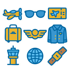 Travel and Aviation Icons Set Featuring Airplane, Sunglasses, Ticket, Suitcase, Jacket, Wings, and Globe in Vibrant Colors. Vector Illustration