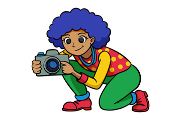 Cartoon illustration of a young person with blue afro hair crouching and holding a camera ready to take a photo
