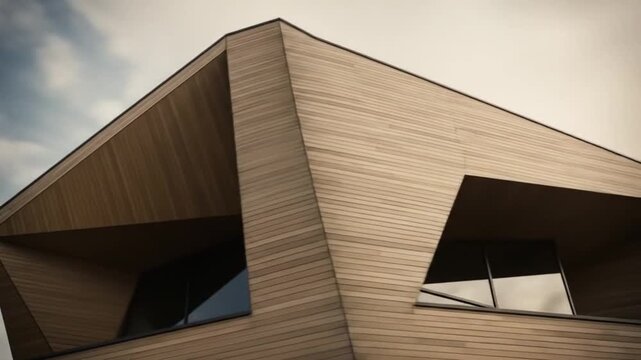 Timber facade architecture of contemporary triangle-shaped structure with sharp geometric lines