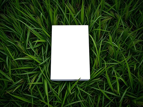 Pristine white book with blank pages positioned on natural grass surface for academic and business applications