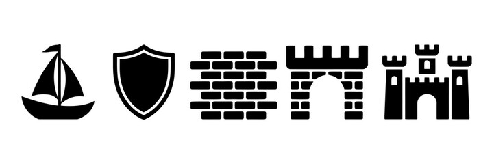 Black and White Medieval and Nautical Icon Set. Sailboat, Shield, Brick Wall, Fortress Gate, and Castle Silhouettes for History, Defense, Architecture, and Maritime Design