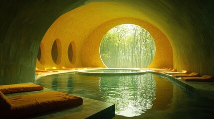 Serene indoor pool, forest view, spa relaxation, tranquil design, wellness retreat