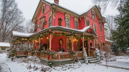 Red Victorian home, Christmas decorations, snowy winter scene, holiday season, festive home decor